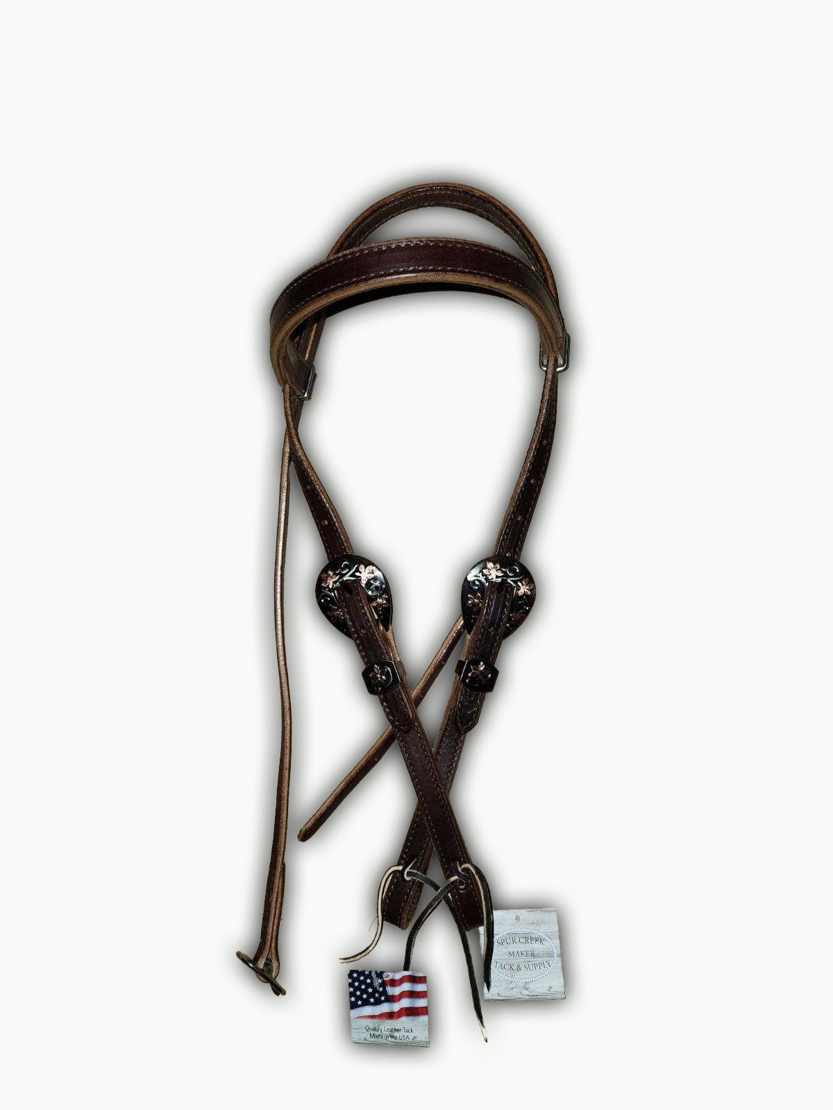 BB002-2_Brow Band Headstall Chocolate Color Prairie Floral Buckle with Keeper with Copper Accents