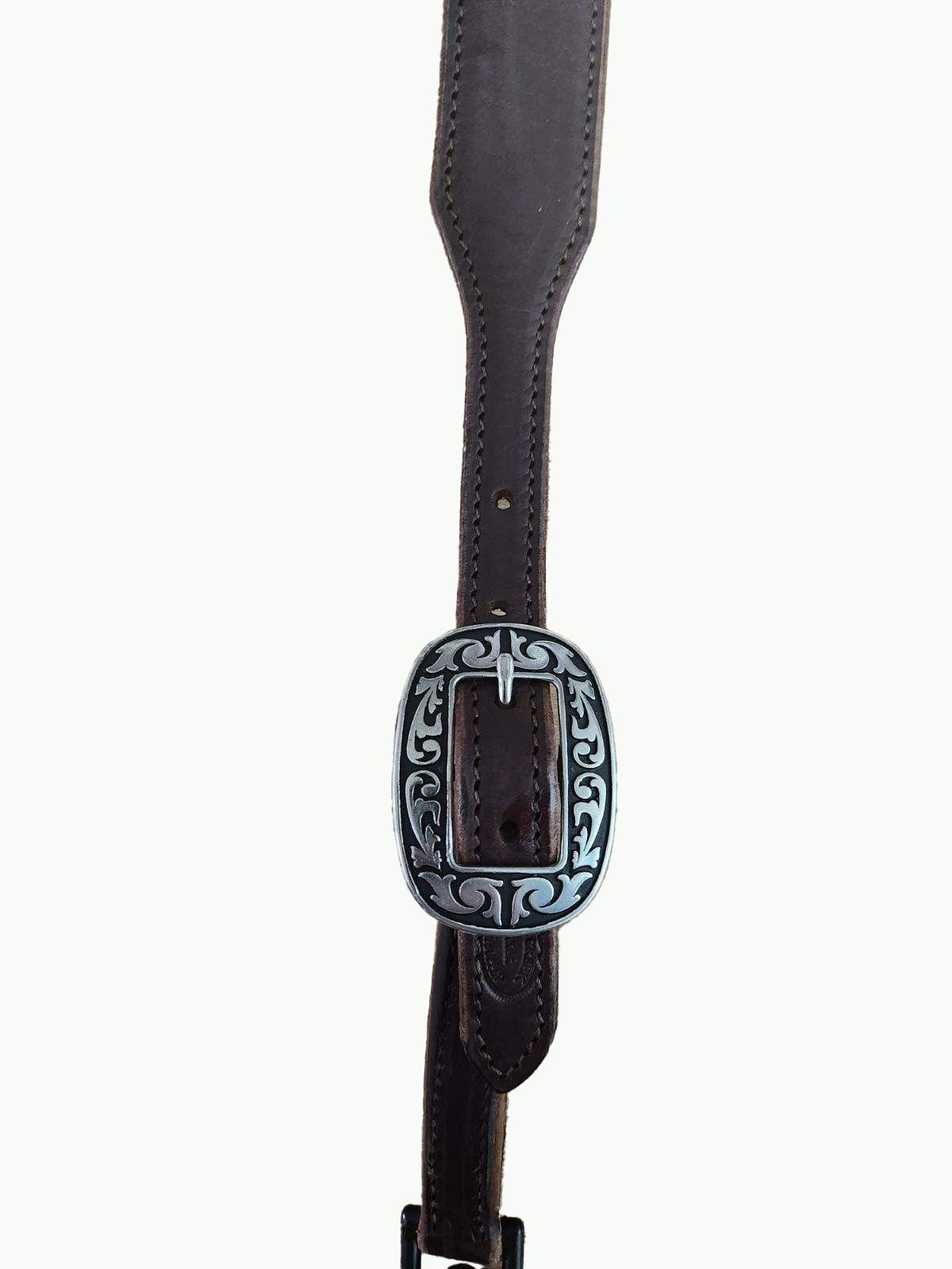 MI277-2_Chocolate Leather Wither Strap With Fancy Horse Shoe Brand Buckles