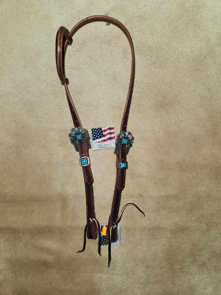 DB053-1_Double Buckle One Ear Headstalls Chestnut Leather Durango Pewter Buckle with Keeper with Turquoise Accent Stones