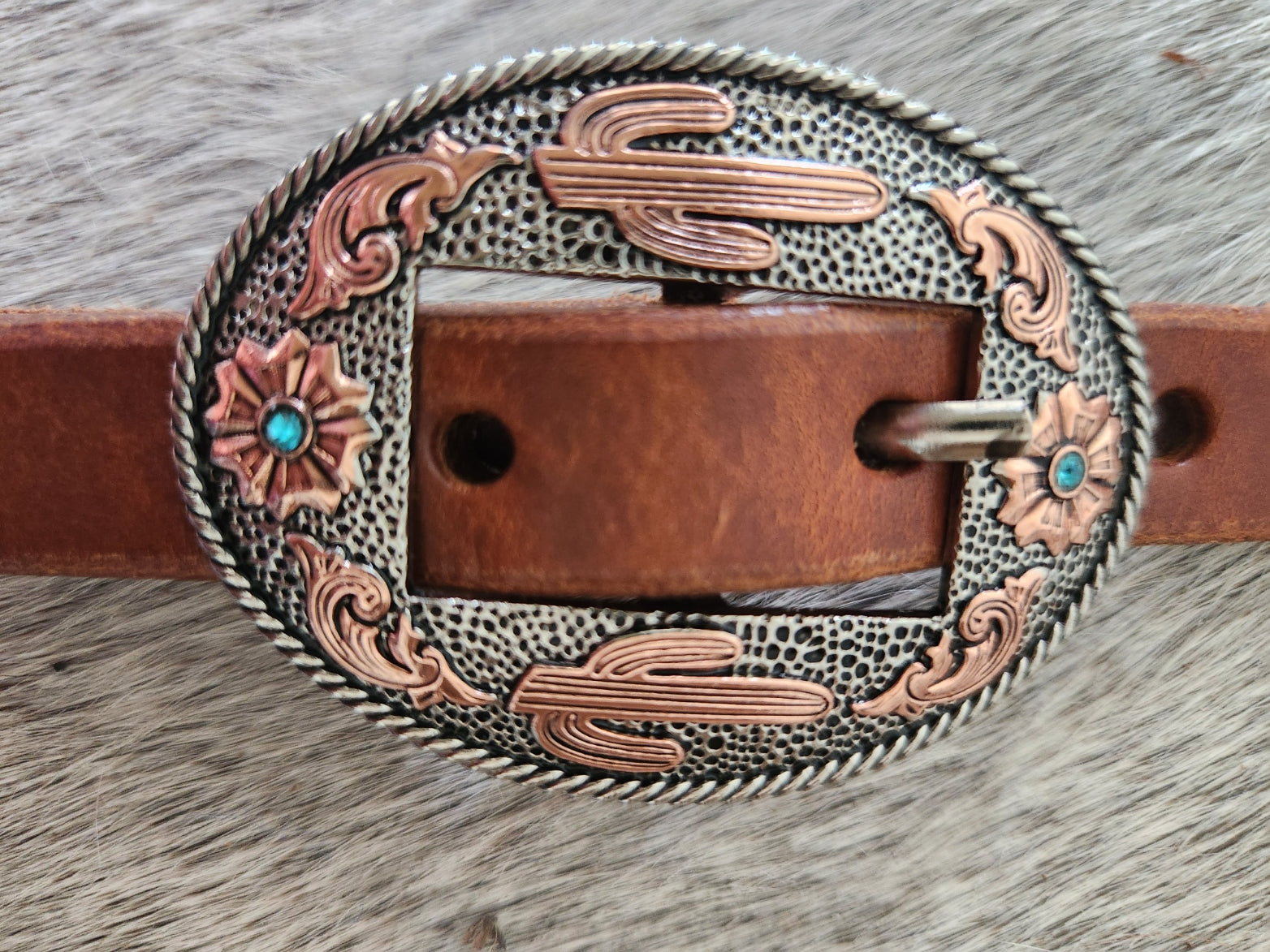 BC233-3_Breast Collar Desert Blossom Buckle Nickle Plated Oval Buckle With Copper and Blue Accents on Plain Chocolate Leather