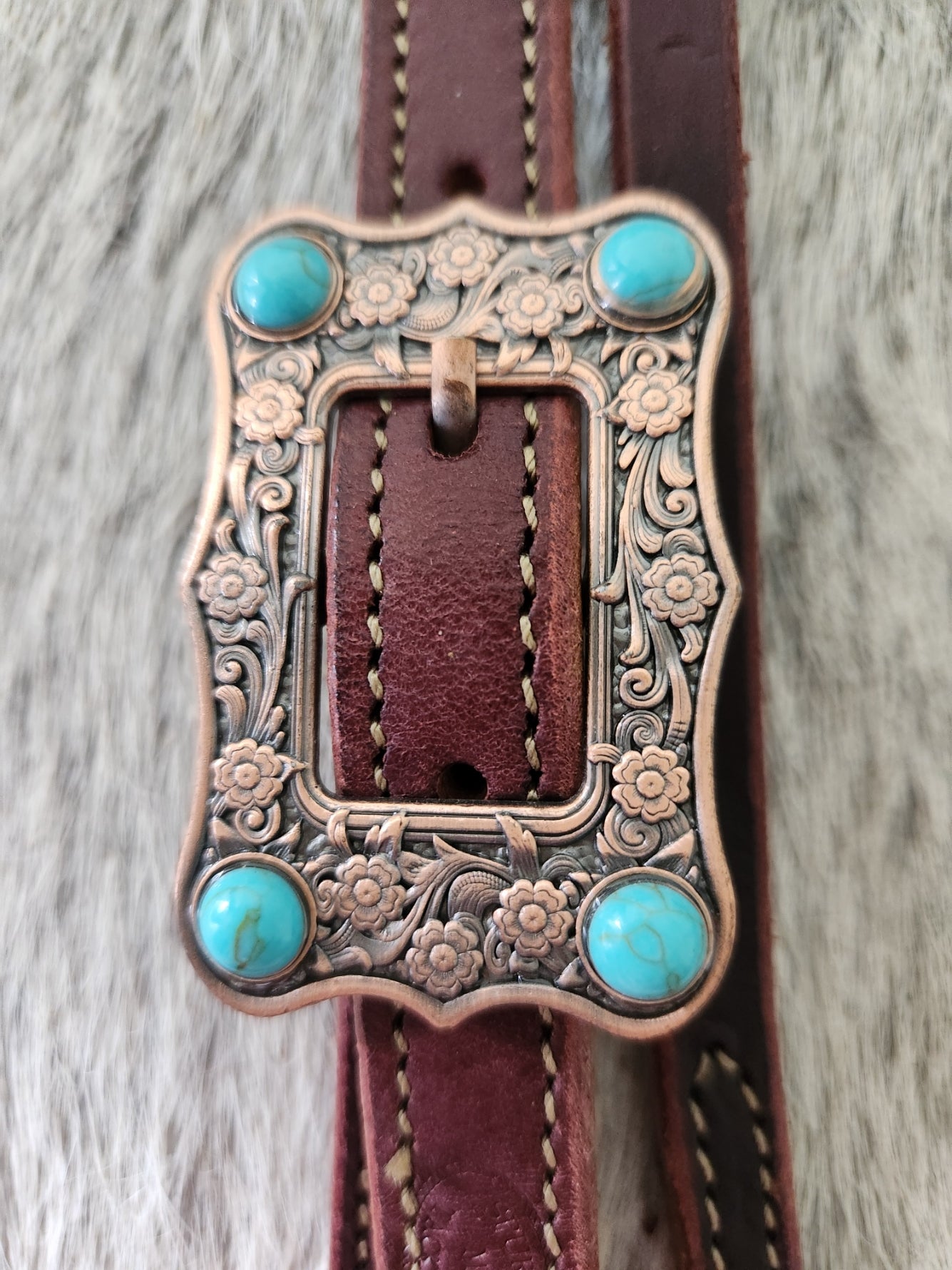 BC230-3_Breast Collar Large Copper Plated Buckle With Turquoise Color Accent Stones on Plain Chocolate Leather