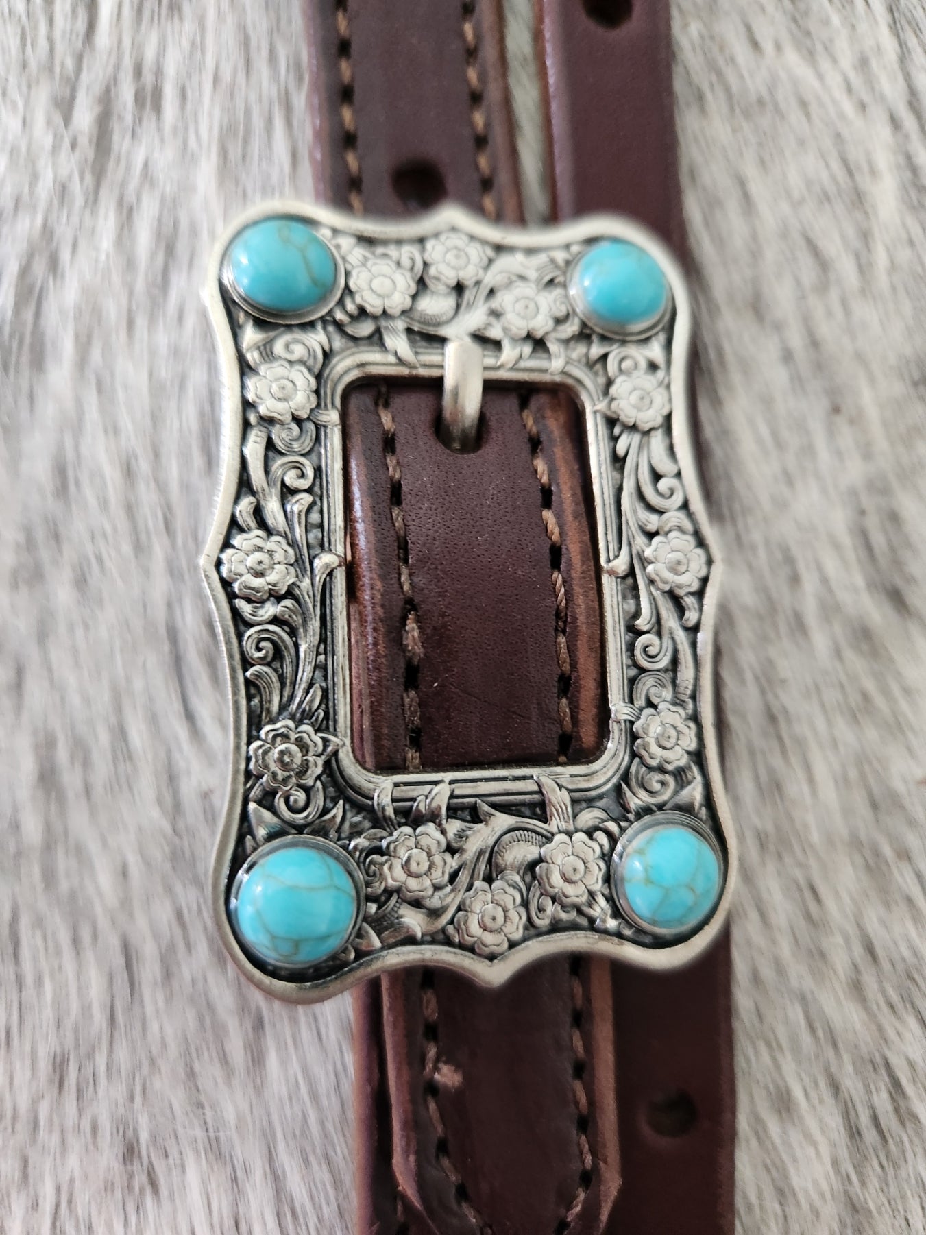 DB059-2_Double Buckle One Ear Headstalls Chocolate Leather Large Nickle Plated Buckle with Turquoise Color Accent Stones