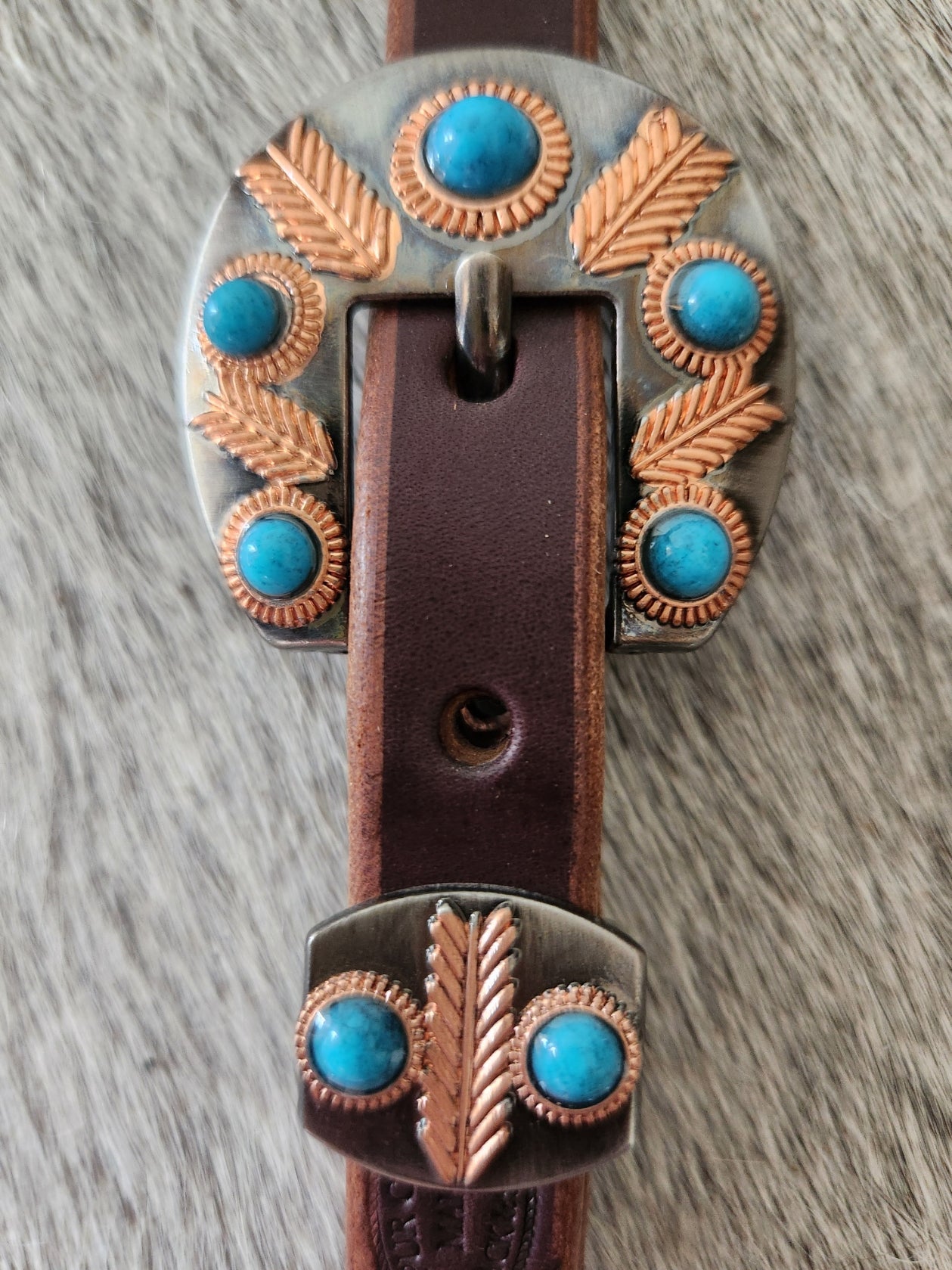 DB58-1_Double Buckle One Ear Headstalls Chestnut Leather Headdress Pewter Color Buckle with Keeper with Copper Accents and Turquoise Color Stones