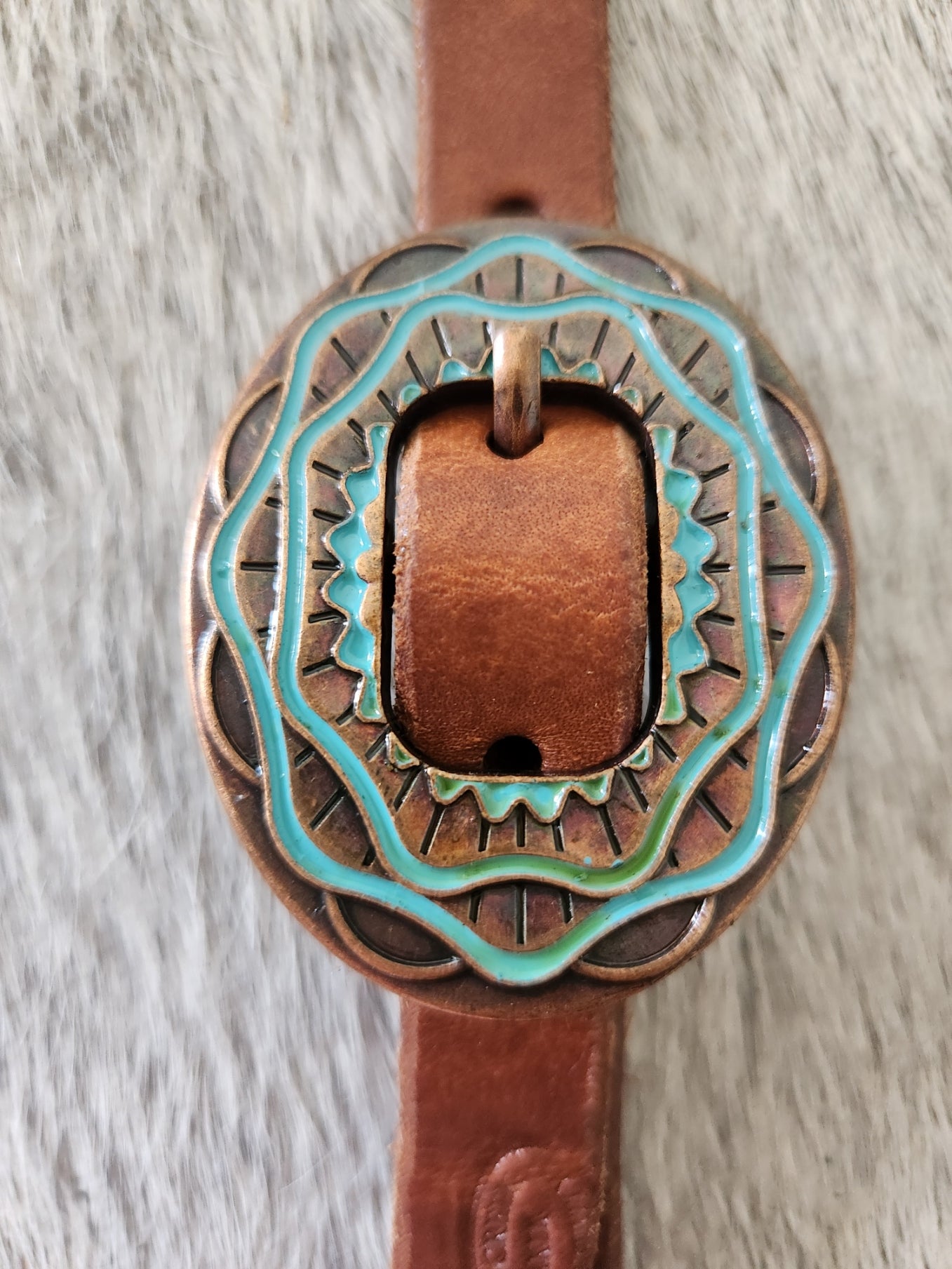 DB062-2_Double Buckle One Ear Headstalls Chocolate Leather Aztec Oval Buckle with Turquoise Color Inlay