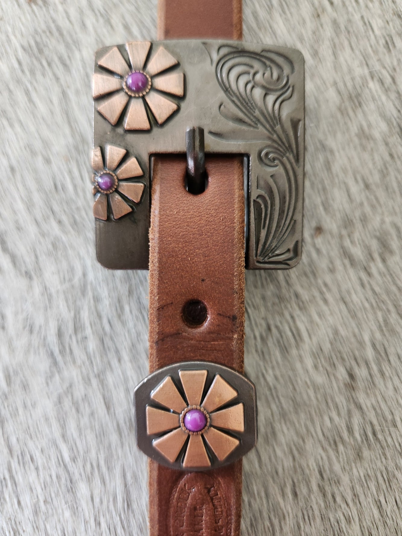 BB007-1_Brow Band Headstall Purple Daisy Square Buckle with Keeper with Purple Accent Stones