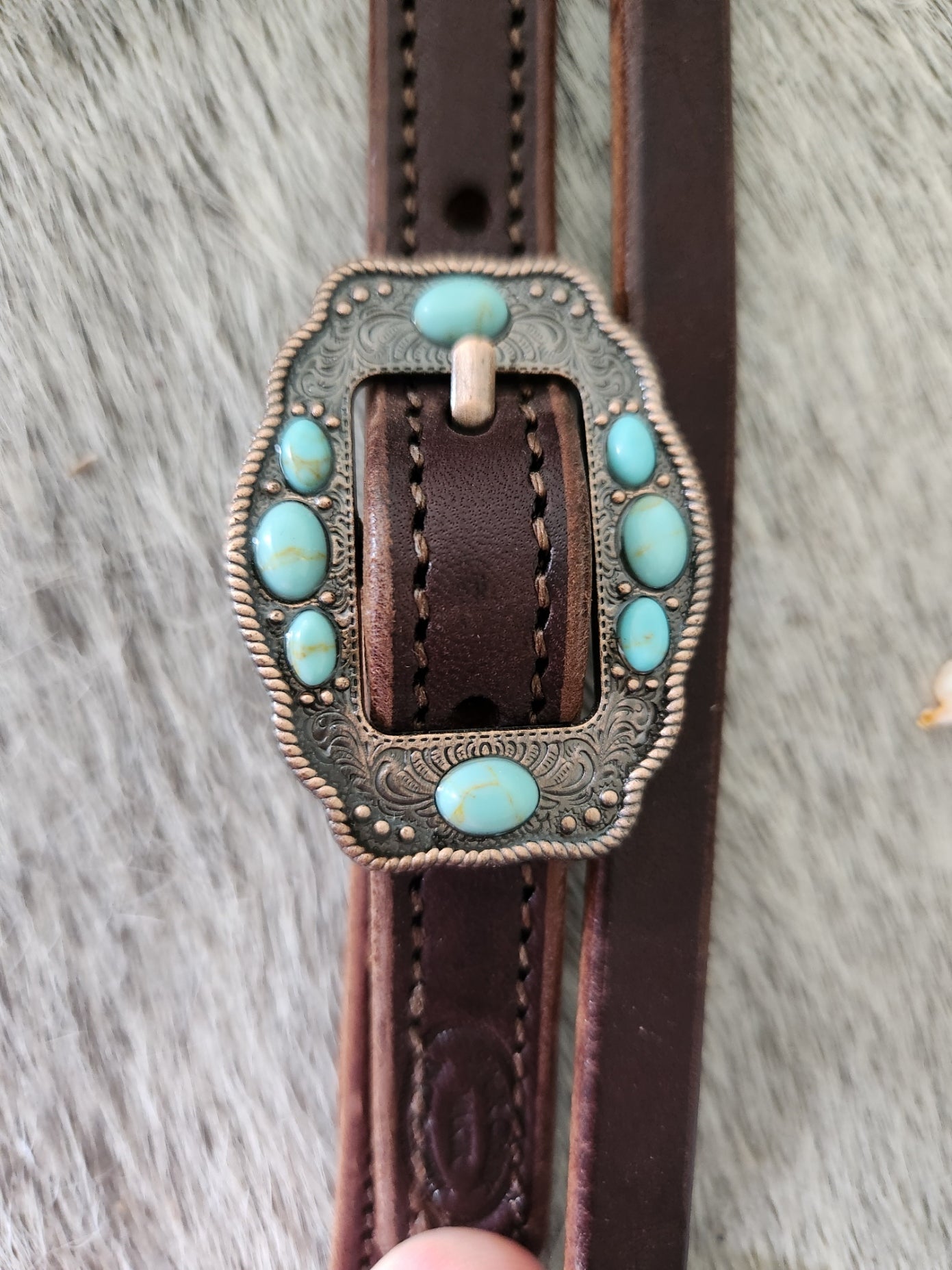 BC225-1_Breast Collar Navajo Rope Edge Copper Plated Buckle With Turquoise Color Accent Stones on Plain Chestnut Leather