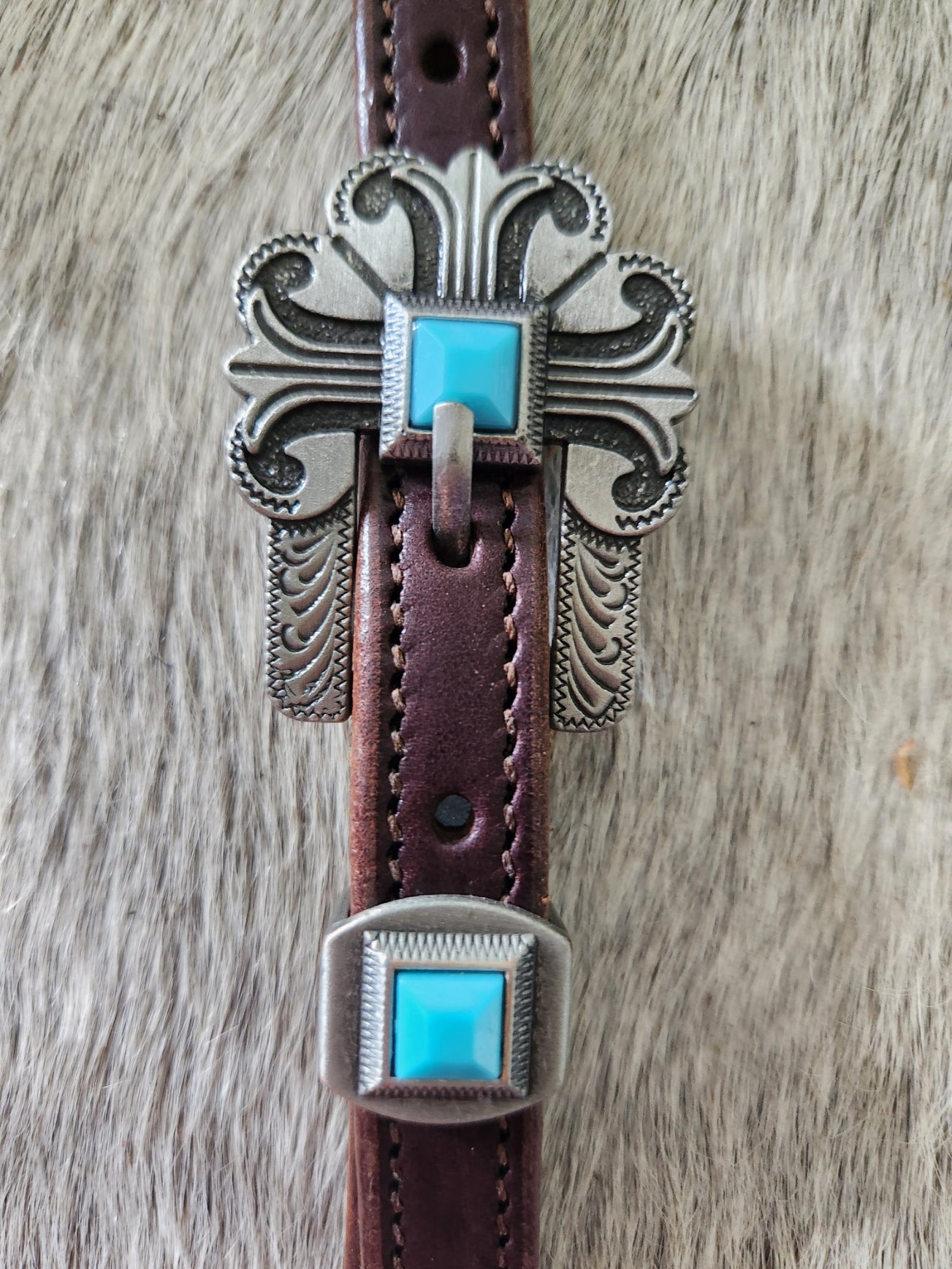 DB053-1_Double Buckle One Ear Headstalls Chestnut Leather Durango Pewter Buckle with Keeper with Turquoise Accent Stones