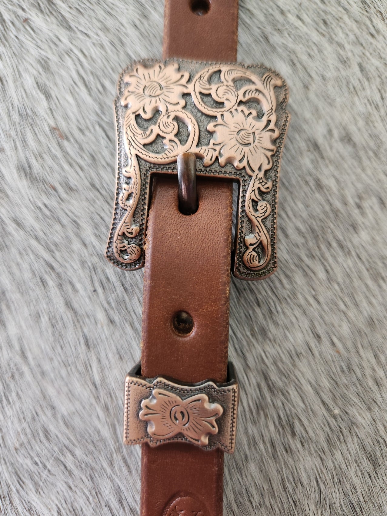 DB052-4_Double Buckle One Ear Headstalls Black Leather Cheyenne Copper Plated Square Buckle with Keeper