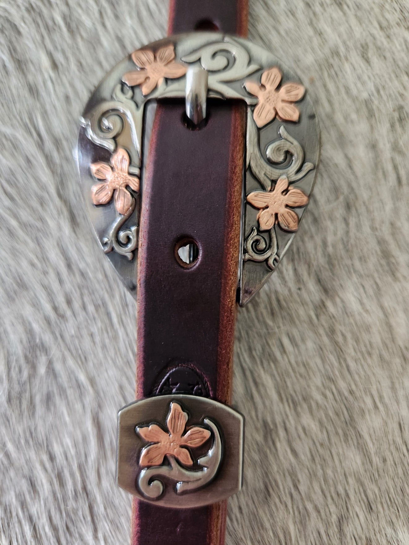 DB051-2_Double Buckle One Ear Headstalls Prairie Floral Buckle with Keeper Copper Accents