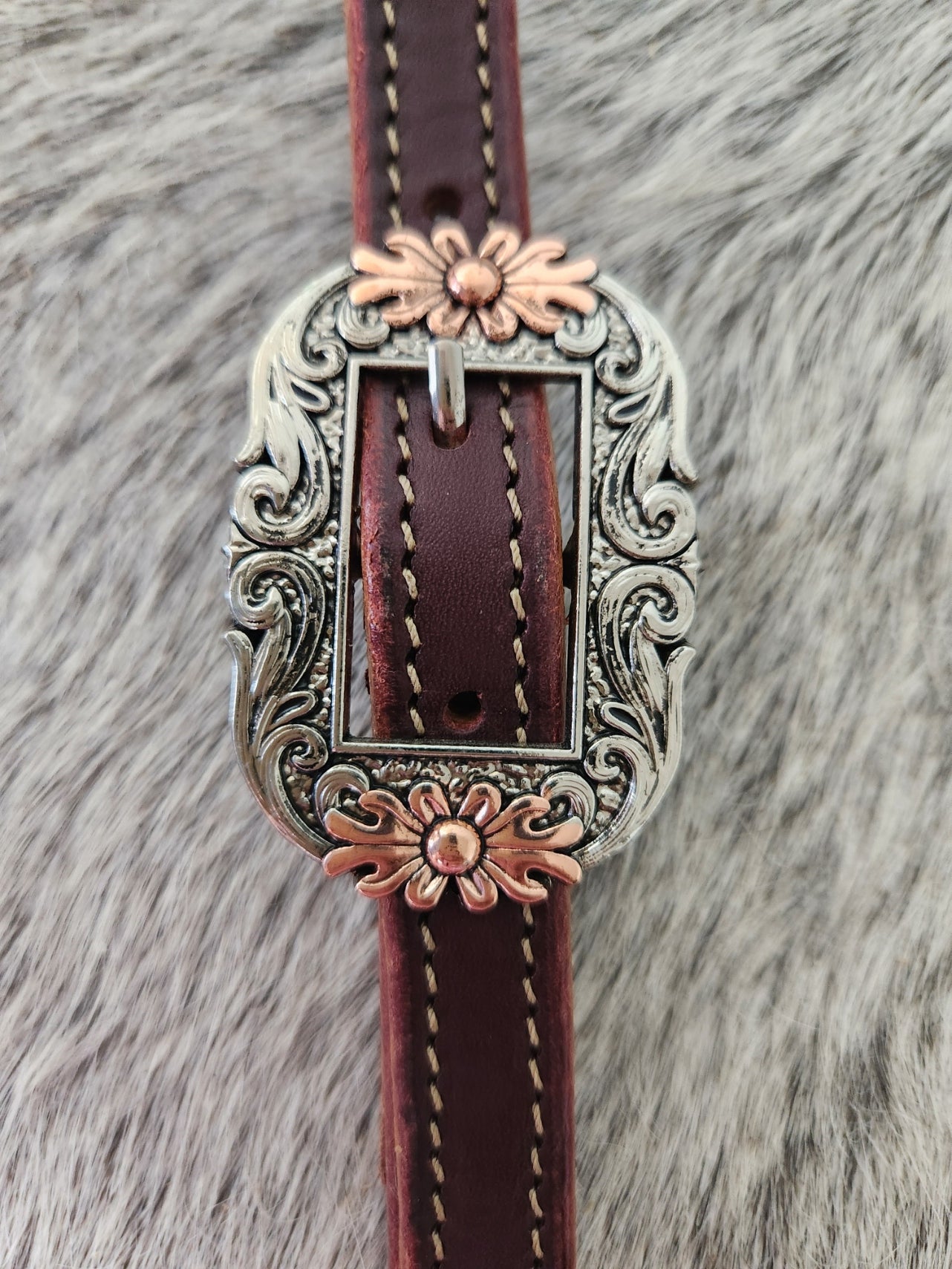 DB050-2_Double Buckle One Ear Headstalls Chocolate Leather Oval Floral Buckle with Copper Accents