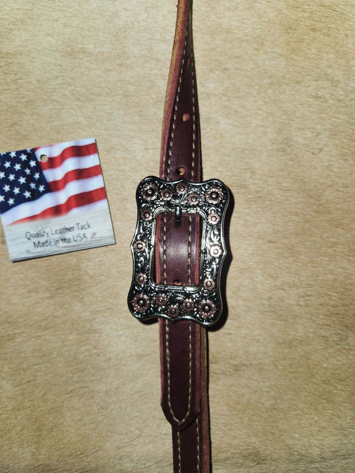 DB054-1_Double Buckle One Ear Headstalls Chestnut Leather Frontier Buckle with Floral Copper Accents