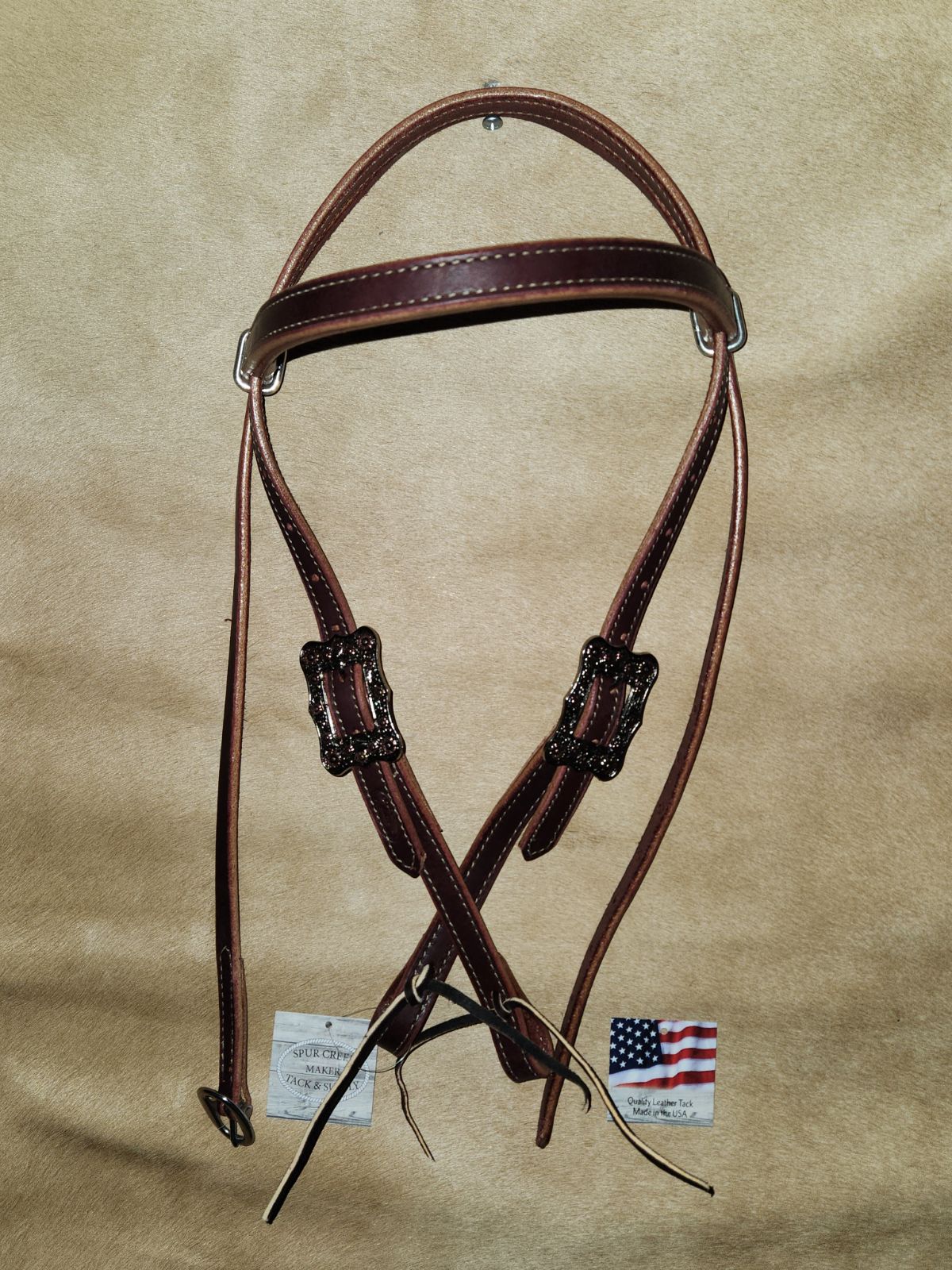 BB005-1_Brow Band Headstall Chestnut Leather Frontier Buckle with Floral Copper Accents