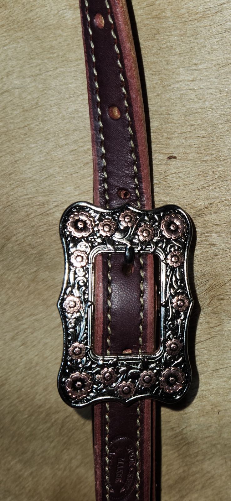 BB005-1_Brow Band Headstall Chestnut Leather Frontier Buckle with Floral Copper Accents