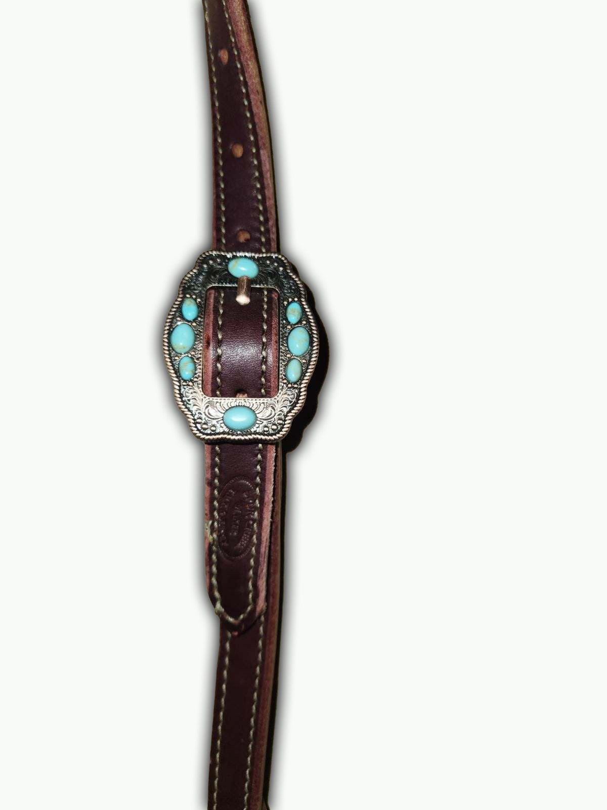 DB055-1_Double Buckle One Ear Headstalls Chestnut Leather Navajo Rope Edge Copper Plated Buckle with Turquoise Color Accent Stones