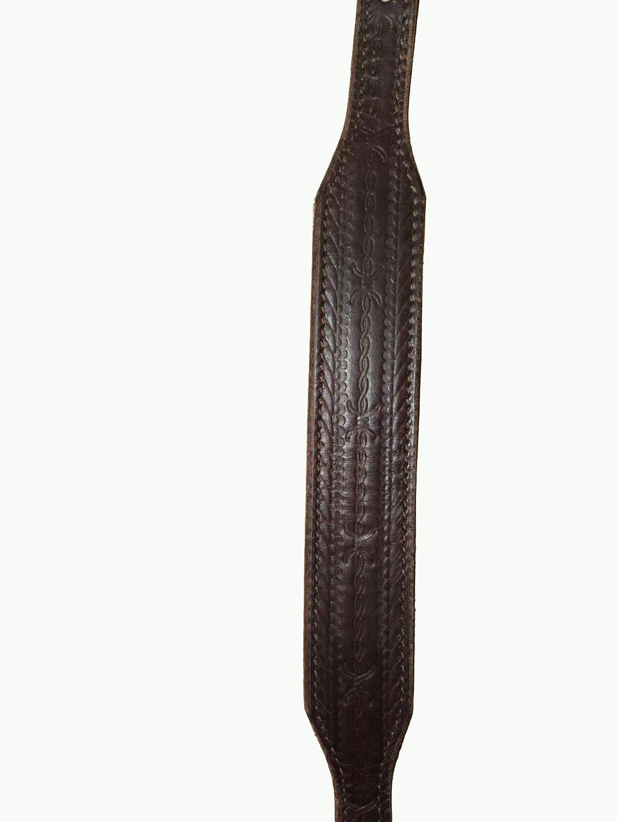 MI279-2_Chocolate Leather Wither Strap Barb Wire Stamp Leather With Stainless Steel Cart Buckle