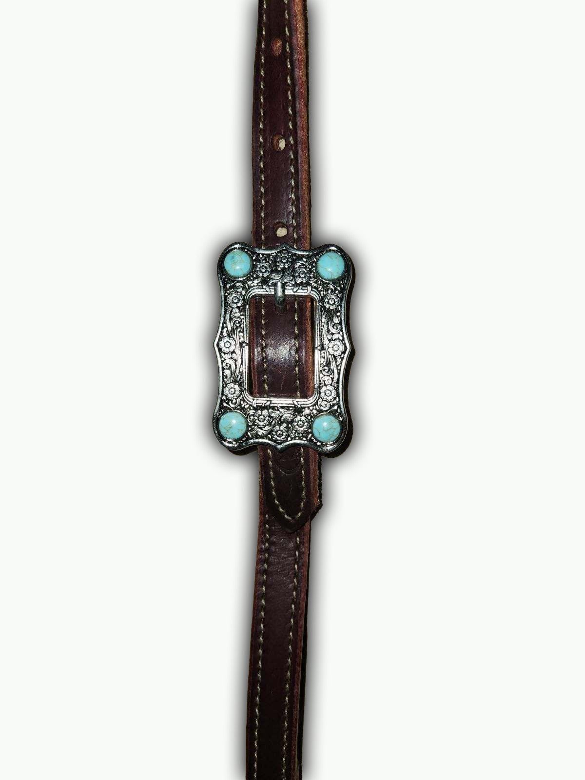 DB059-1_Double Buckle One Ear Headstalls Chestnut Leather Large Nickle Plated Buckle with Turquoise Color Accent Stones