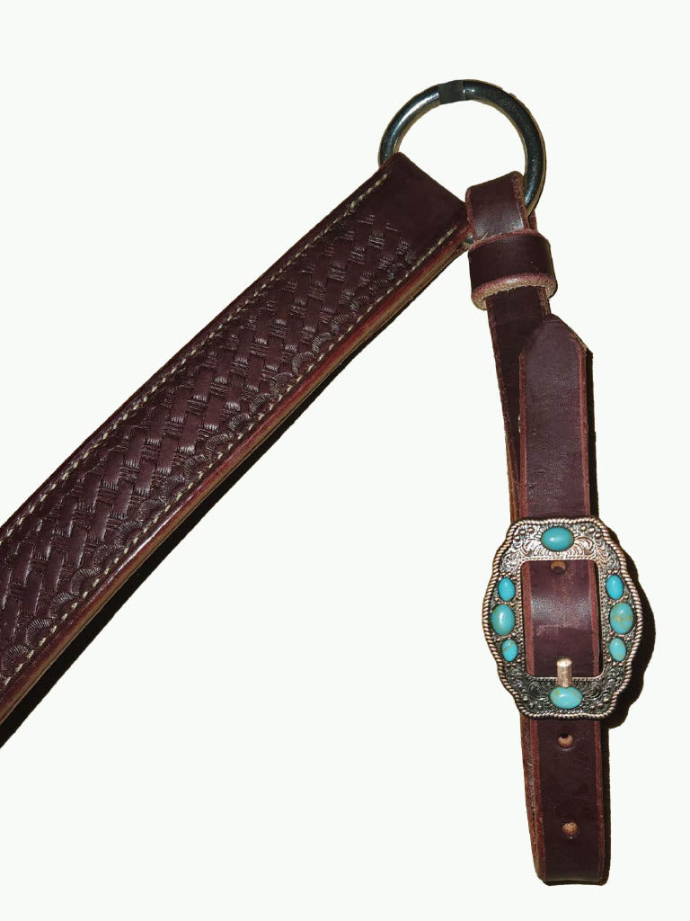 BC225-2_Breast Collar Navajo Rope Edge Copper Plated Buckle With Turquoise Color Accent Stones on Basket Stamp Chestnut Leather