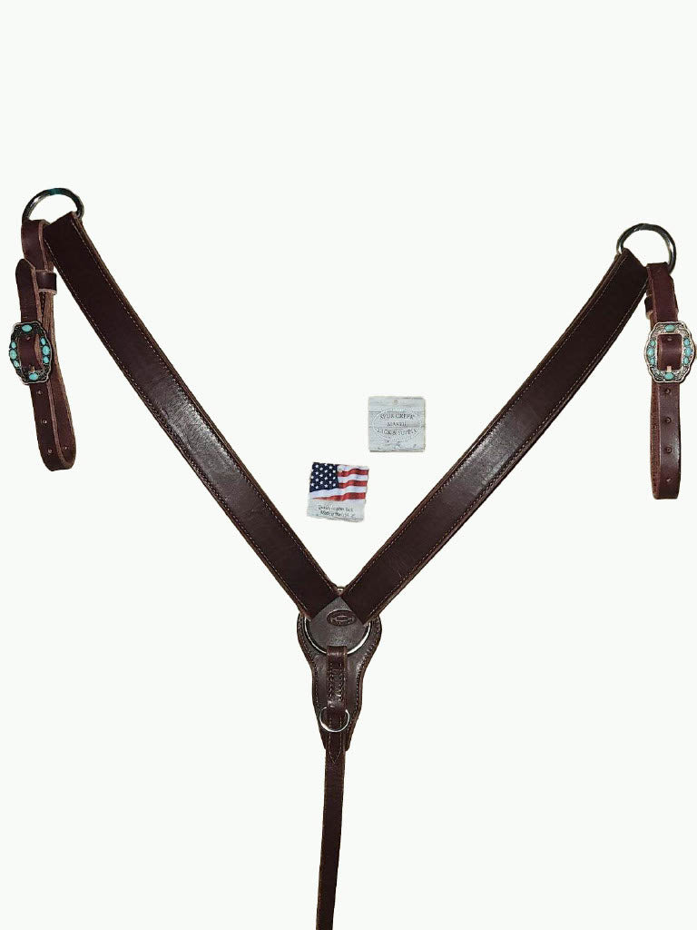 BC225-1_Breast Collar Navajo Rope Edge Copper Plated Buckle With Turquoise Color Accent Stones on Plain Chestnut Leather