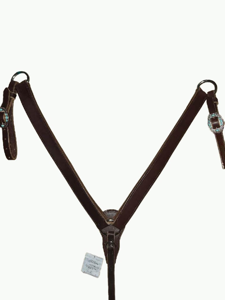 BC225-3_Breast Collar Navajo Rope Edge Copper Plated Buckle With Turquoise Color Accent Stones on Plain Chocolate Leather