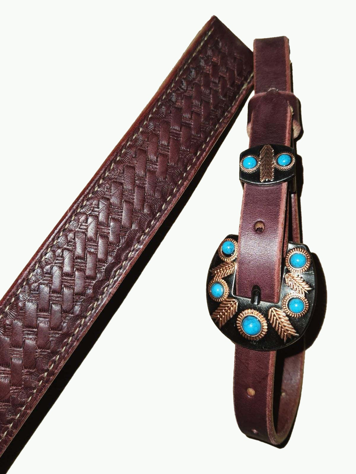 BC228-2_Breast Collar Headdress Pewter Color Buckle With Keeper With Copper Accents and Turquoise Color Stones on Basket Stamp Chestnut Leather