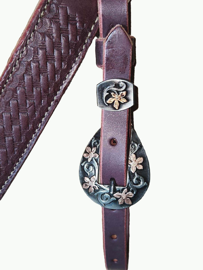 BC221-2_Breast Collar Prairie Floral Buckle With Keeper With Copper Accents on Basket Stamp Chestnut Leather