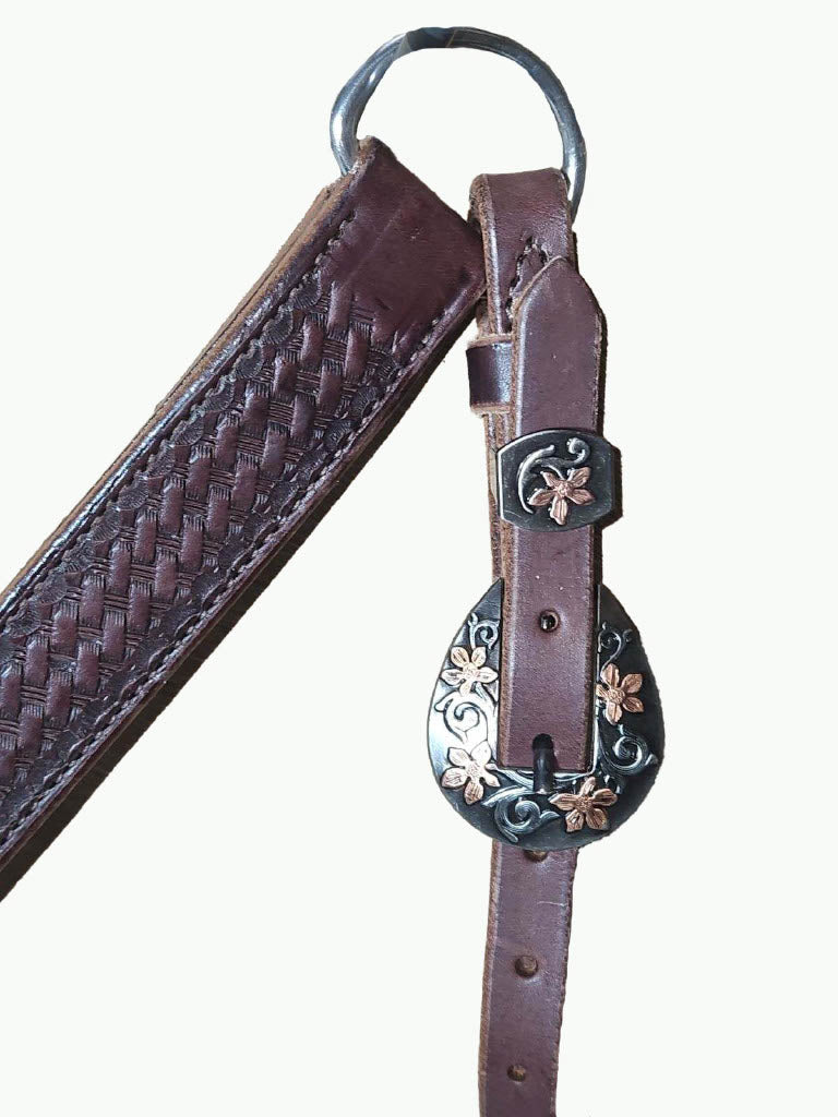 BC221-4_Breast Collar Prairie Floral Buckle With Keeper With Copper Accents on Basket Stamp Chocolate Leather