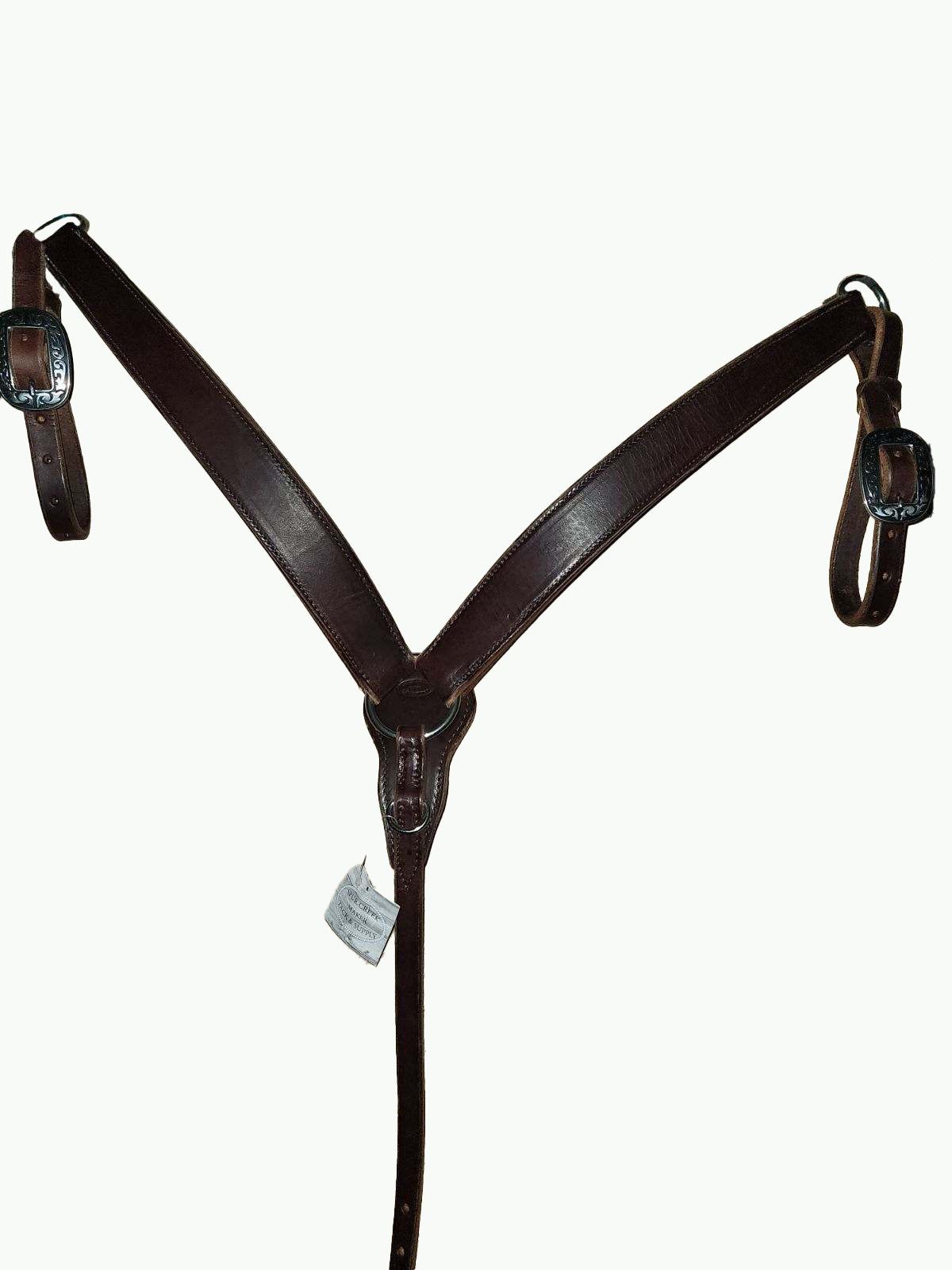 BC237-2_Breast Collar Horse Shoe Brand Buckles on Chocolate Leather