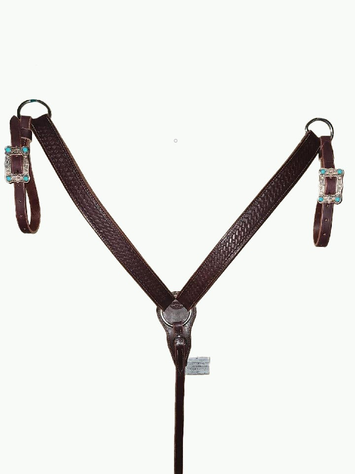 BC230-2_Breast Collar Large Copper Plated Buckle With Turquoise Color Accent Stones on Basket Stamp Chestnut Leather