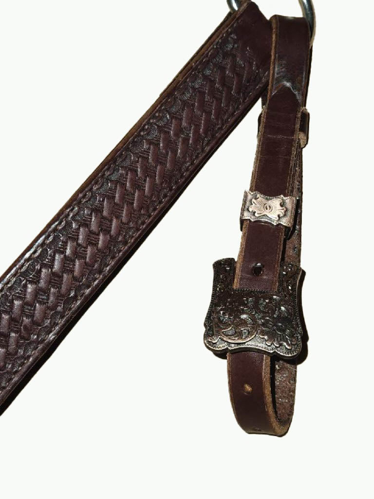 BC222-4_Breast Collar Cheyenne Copper Plated Square Buckle With Keeper on Basket Stamp Chocolate Leather