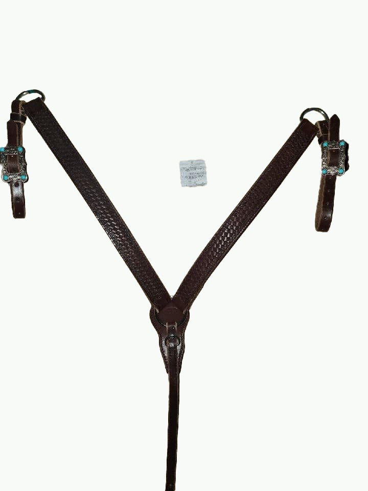 BC230-4_Breast Collar Large Copper Plated Buckle With Turquoise Color Accent Stones on Basket Stamp Chocolate Leather