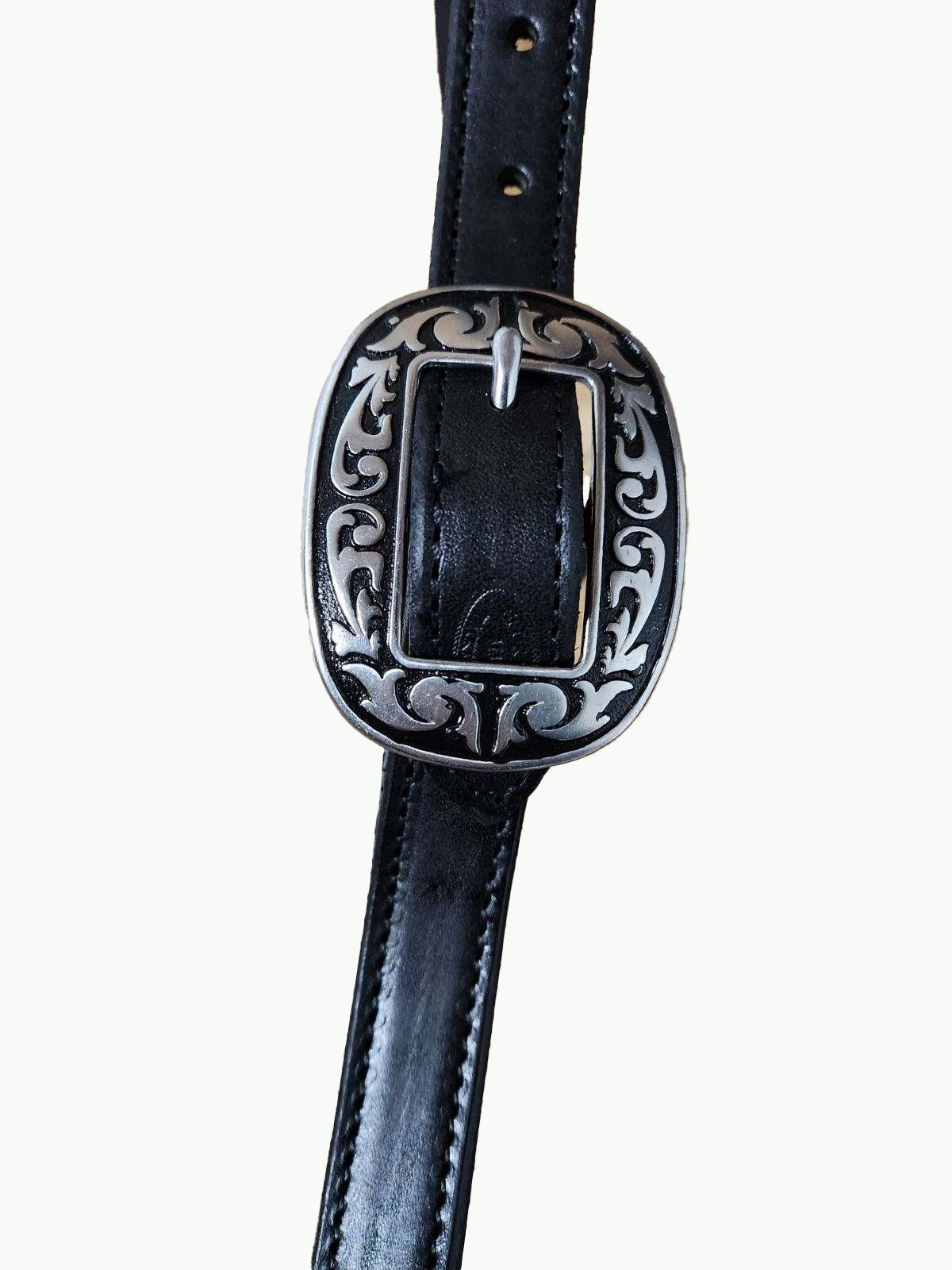 WH200-3_Draft Headstall Draft Size Black 1 Inch Leather With Horse Shoe Brand Buckles