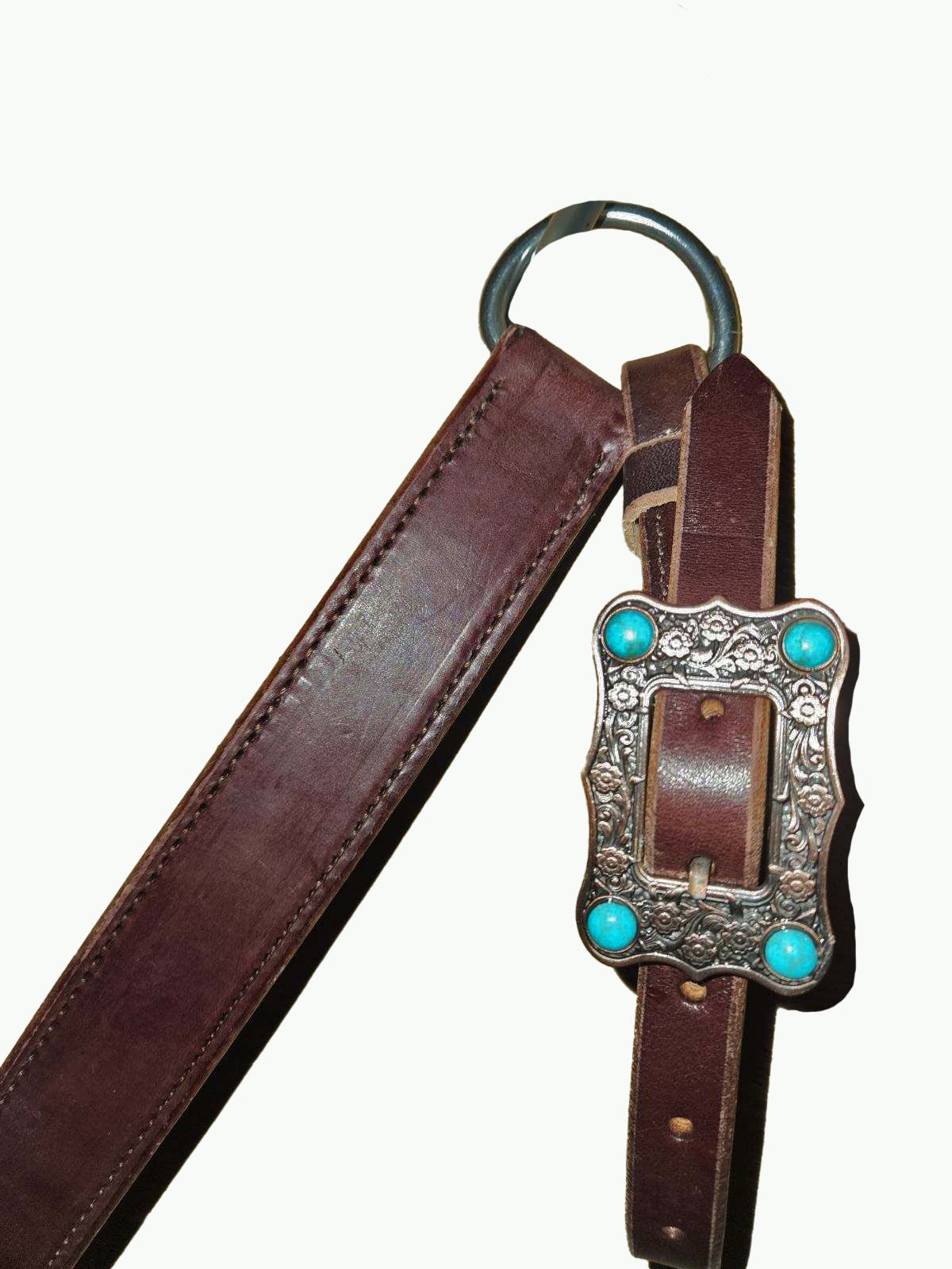 BC230-3_Breast Collar Large Copper Plated Buckle With Turquoise Color Accent Stones on Plain Chocolate Leather