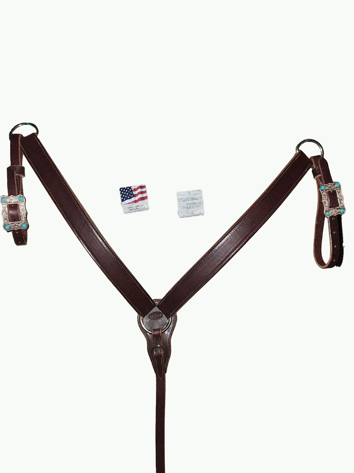 BC230-1_Breast Collar Large Copper Plated Buckle With Turquoise Color Stone Accents on Plain Chestnut Leather