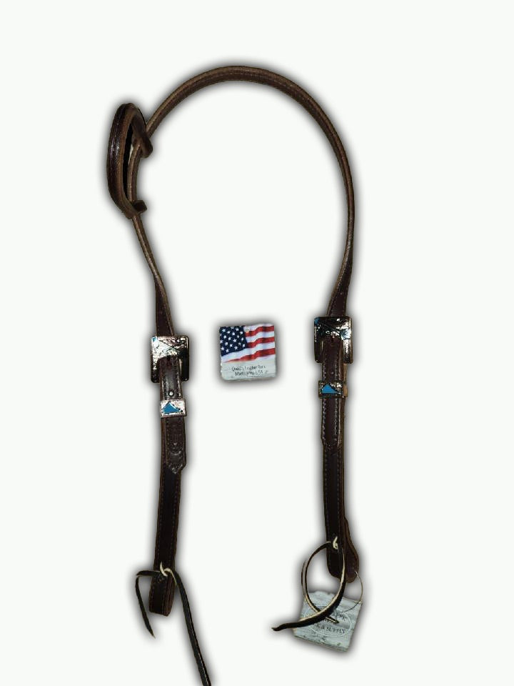 DB057-2_Double Buckle One Ear Headstalls Chocolate Leather Cherokee Copper Plated Arrow Buckle with Keeper with Turquoise Color Accents