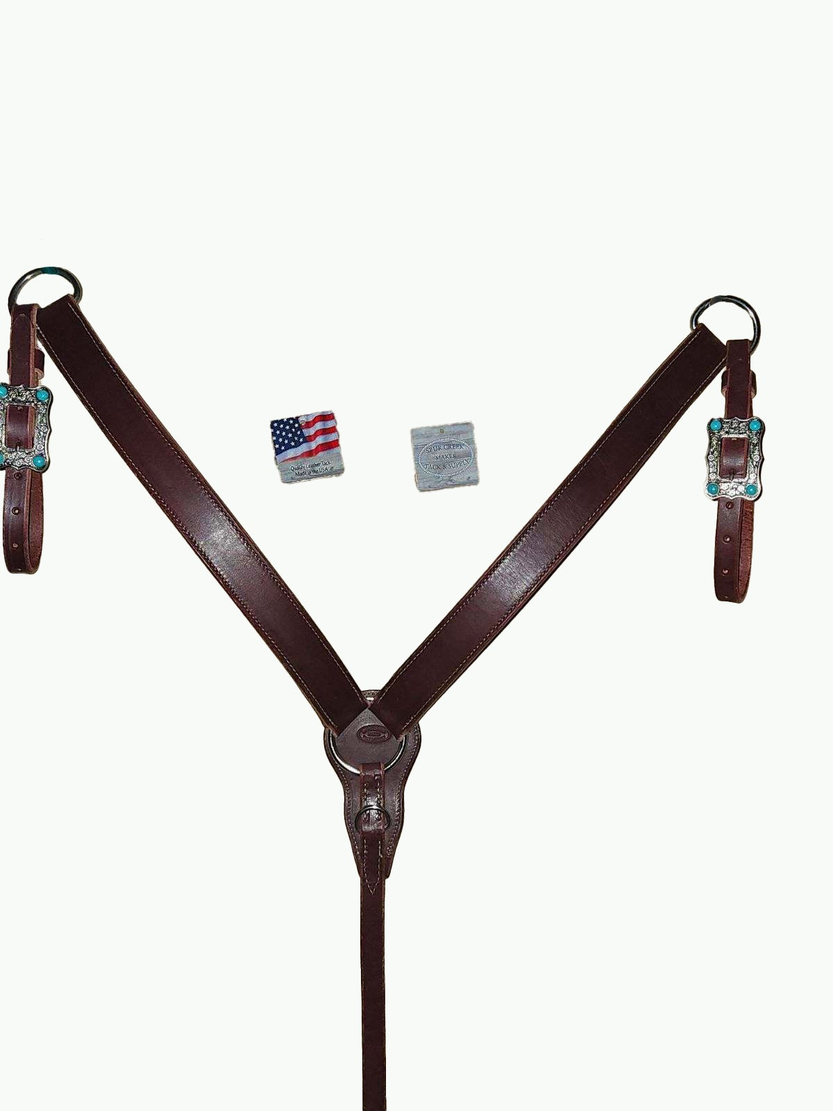 BC229-1_Breast Collar Large Nickle Plated Buckle With Turquoise Color Accent Stones on Plain Chestnut Leather