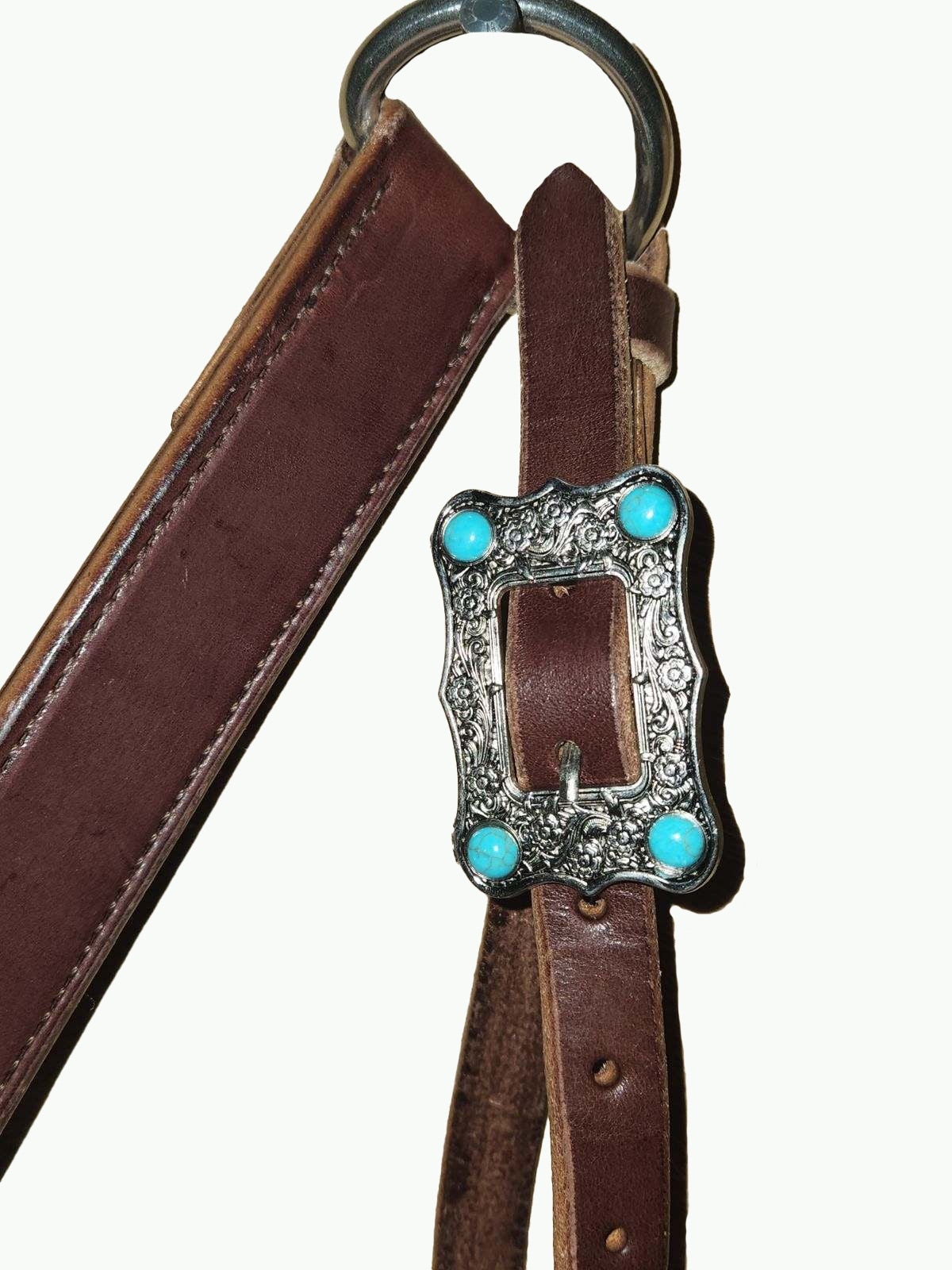 BC229-3_Breast Collar Large Nickle Plated Buckle With Turquoise Color Accent Stones on Plain Chocolate Leather