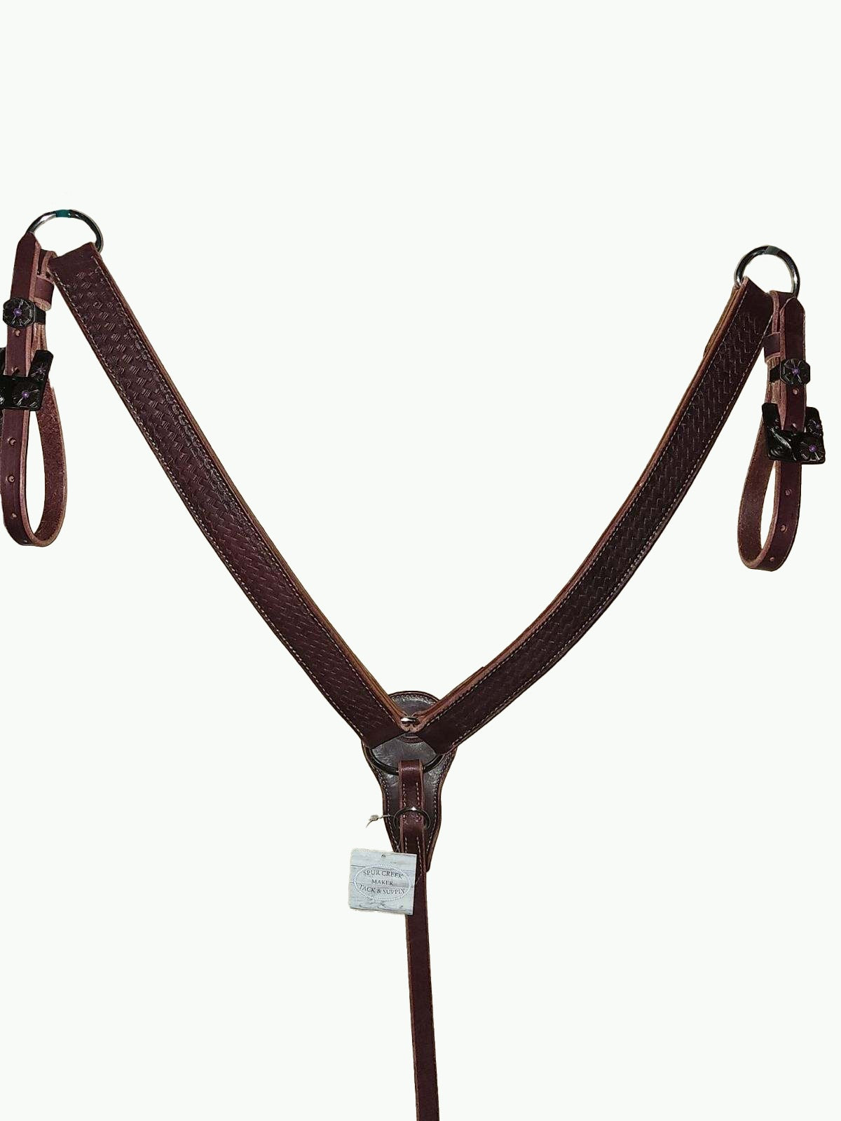 BC226-2_Breast Collar Purple Daisy Square Buckle With Keeper With Purple Accent Stones on Basket Stamp Chestnut Leather