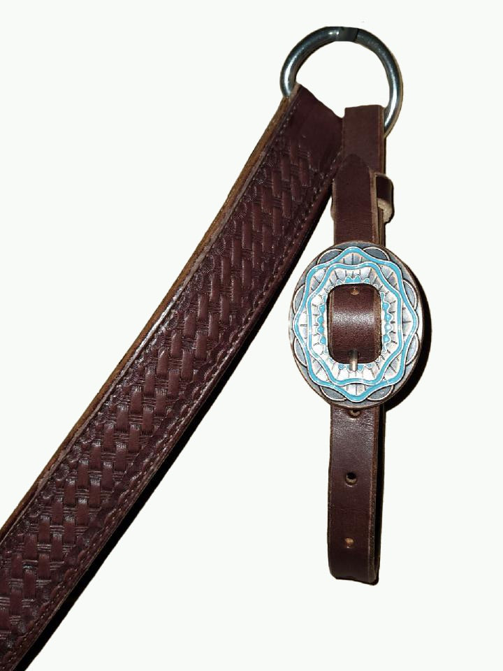 BC232-4_Breast Collar Aztec Buckle Copper Plated Oval Buckle With Turquoise Color Inlay on Basket Stamp Chocolate Leather