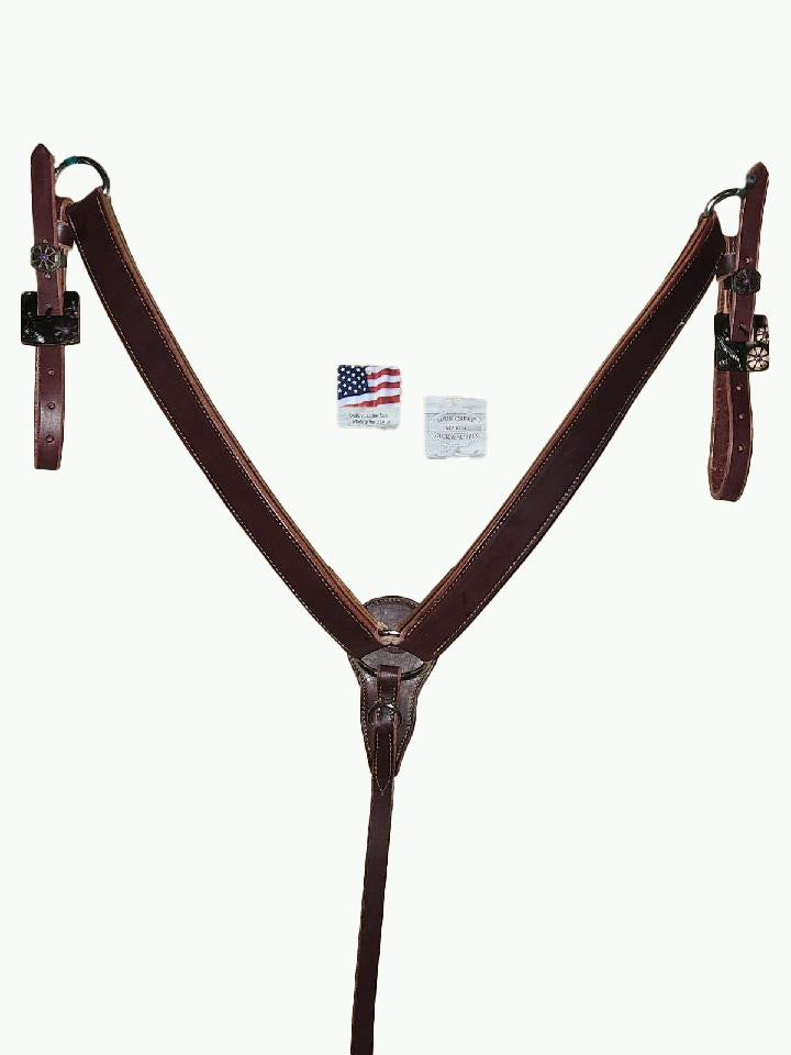 BC226-1_Breast Collar Purple Daisy Square Buckle With Keeper With Purple Accent Stones on Plain Chestnut Leather