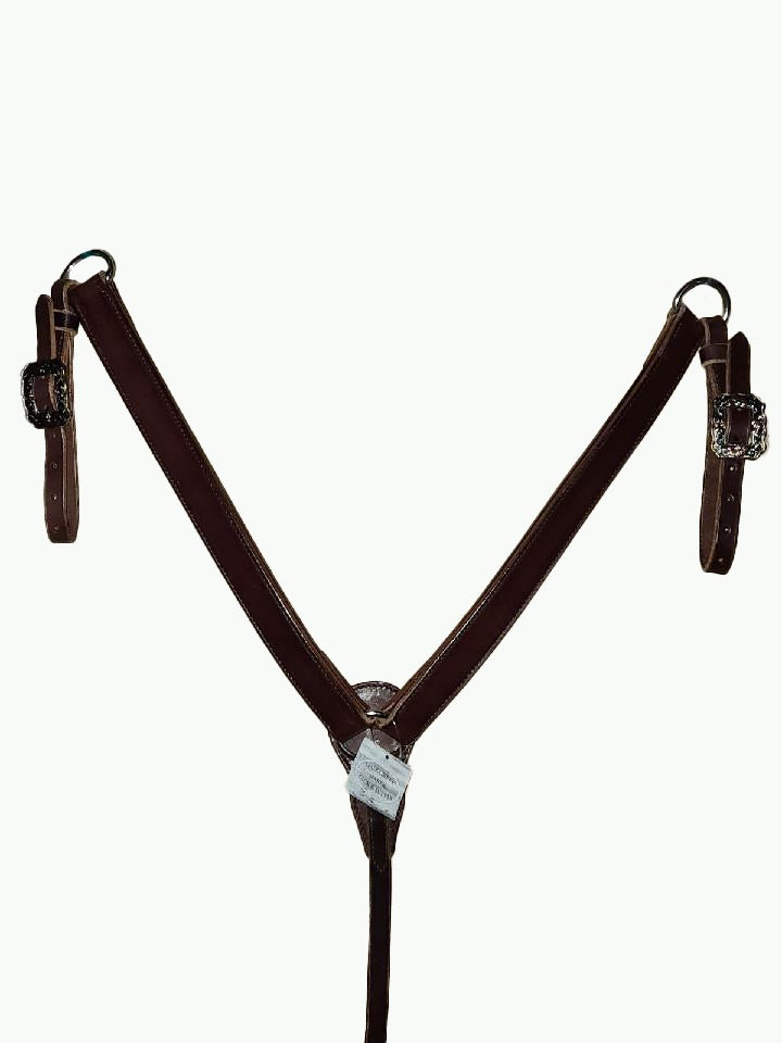 BC231-3_Breast Collar Western Rose Buckle With Gold Rope Edge and Copper Accents on Plain Chocolate Leather