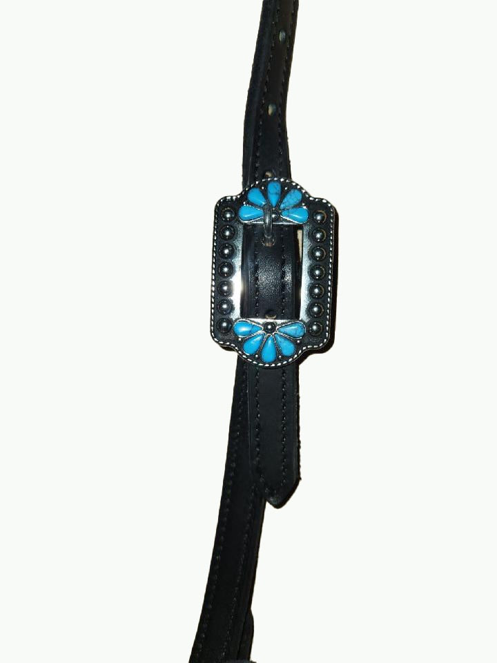 DB066_Double Buckle One Ear Headstalls Black Leather with Turquoise Burst Buckle