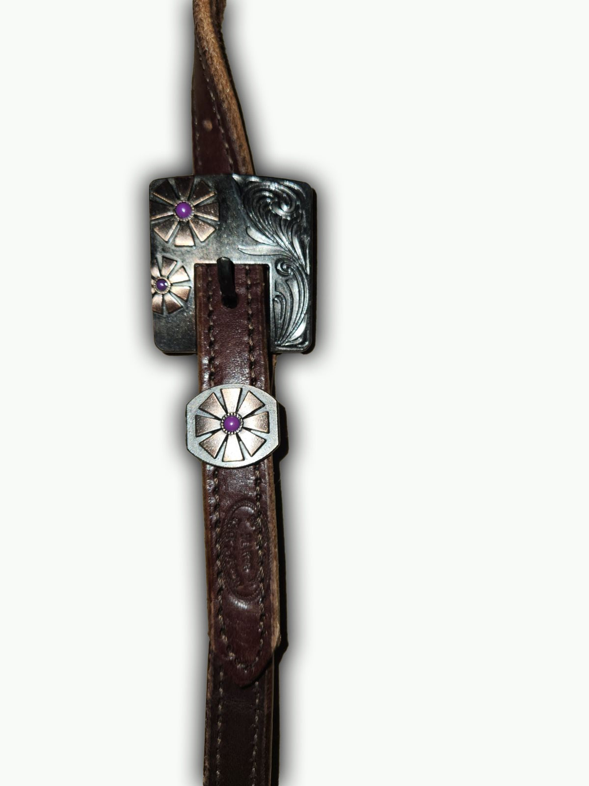 DB056-2_Double Buckle One Ear Headstalls Chocolate Leather Purple Daisy Square Buckle with Keeper with Purple Accent Stones