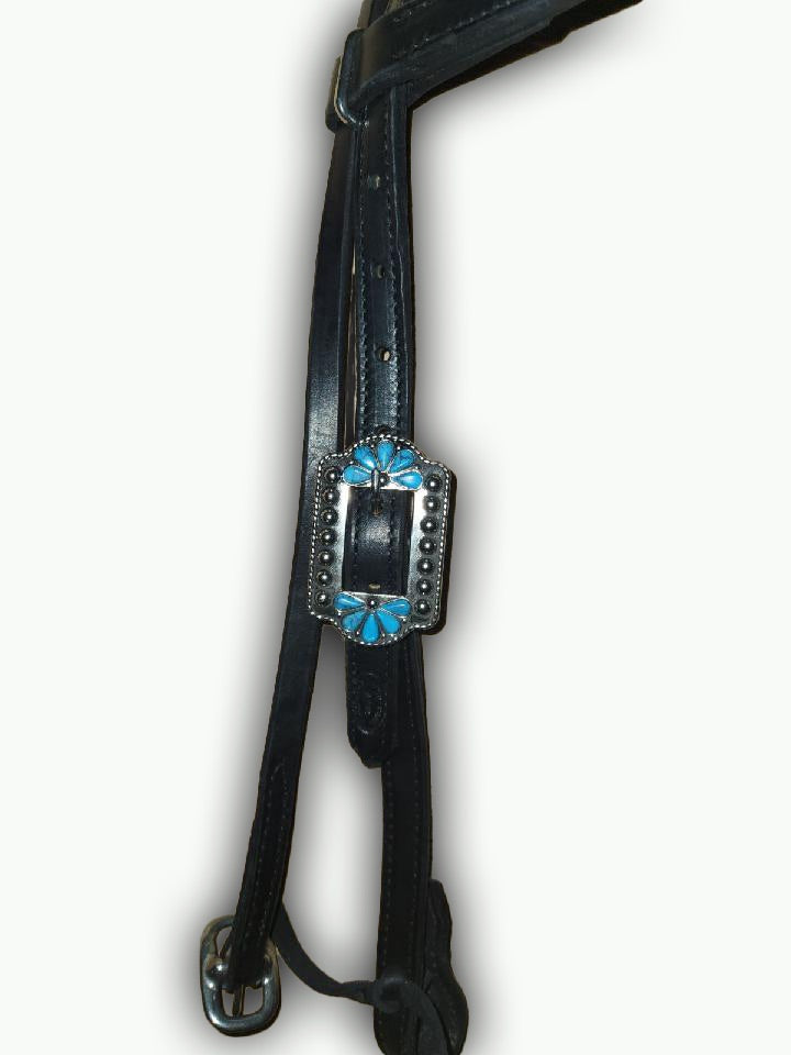 BB017_Brow Band Headstall Black Leather Turquoise Burst Buckle