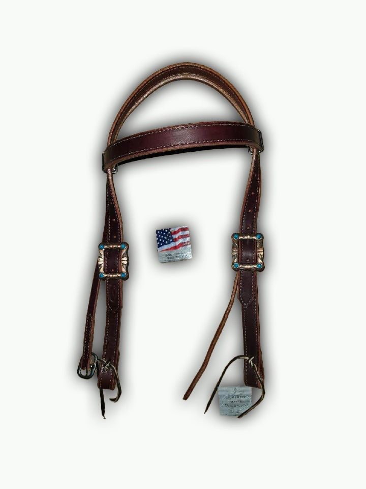 BB020-1_Brow Band Headstall Chestnut Leather 1 Inch Wide Mohave Copper Plated Buckle with Turquoise Color Stones