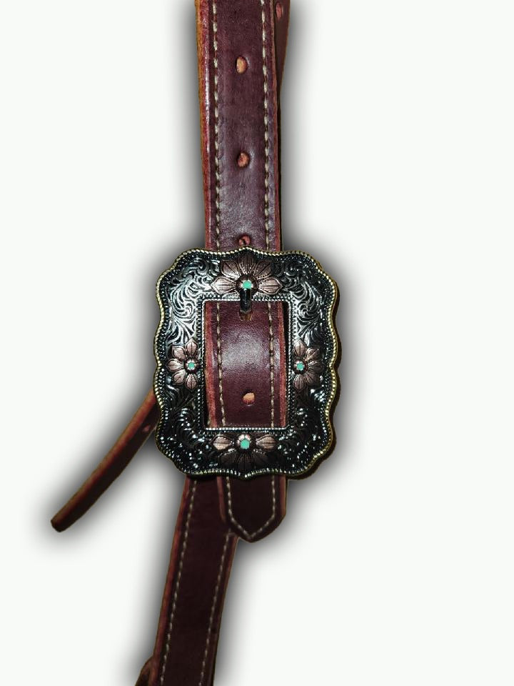 BB019-1_Brow Band Headstall Chestnut Leather 1 Inch Wide Western Rose Buckle with Gold Rope Edge and Copper Color Accents