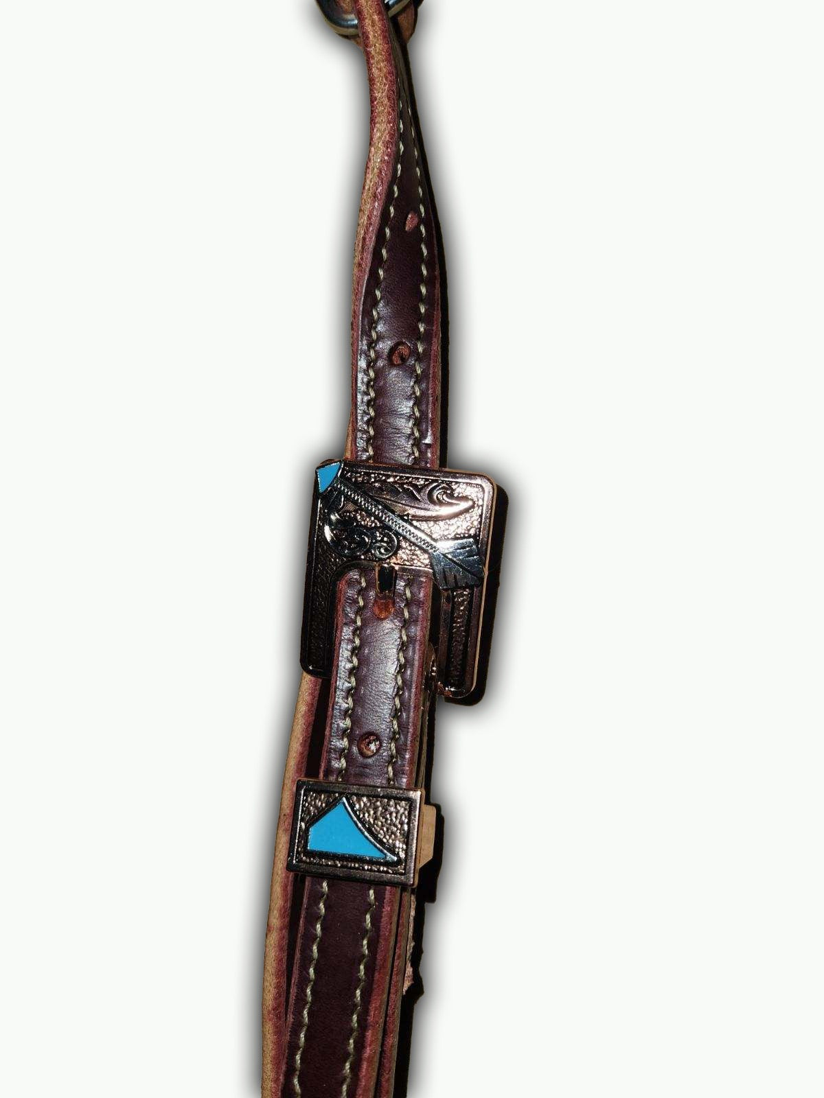 BB008-1_Brow Band Headstall Chestnut Leather Cherokee Copper Color Arrow Buckle with Keeper with Turquoise Color Accents