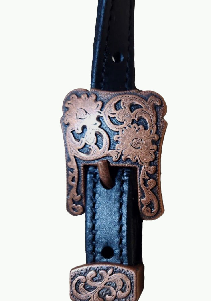 DB052-4_Double Buckle One Ear Headstalls Black Leather Cheyenne Copper Plated Square Buckle with Keeper