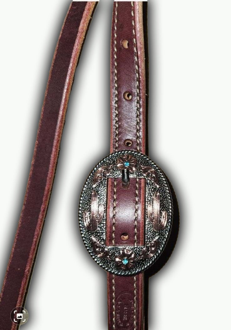 BB014-1_Brow Band Headstall Chestnut Leather Desert Cactus Buckle Nickle Color Oval Buckle with Copper and Blue Accents