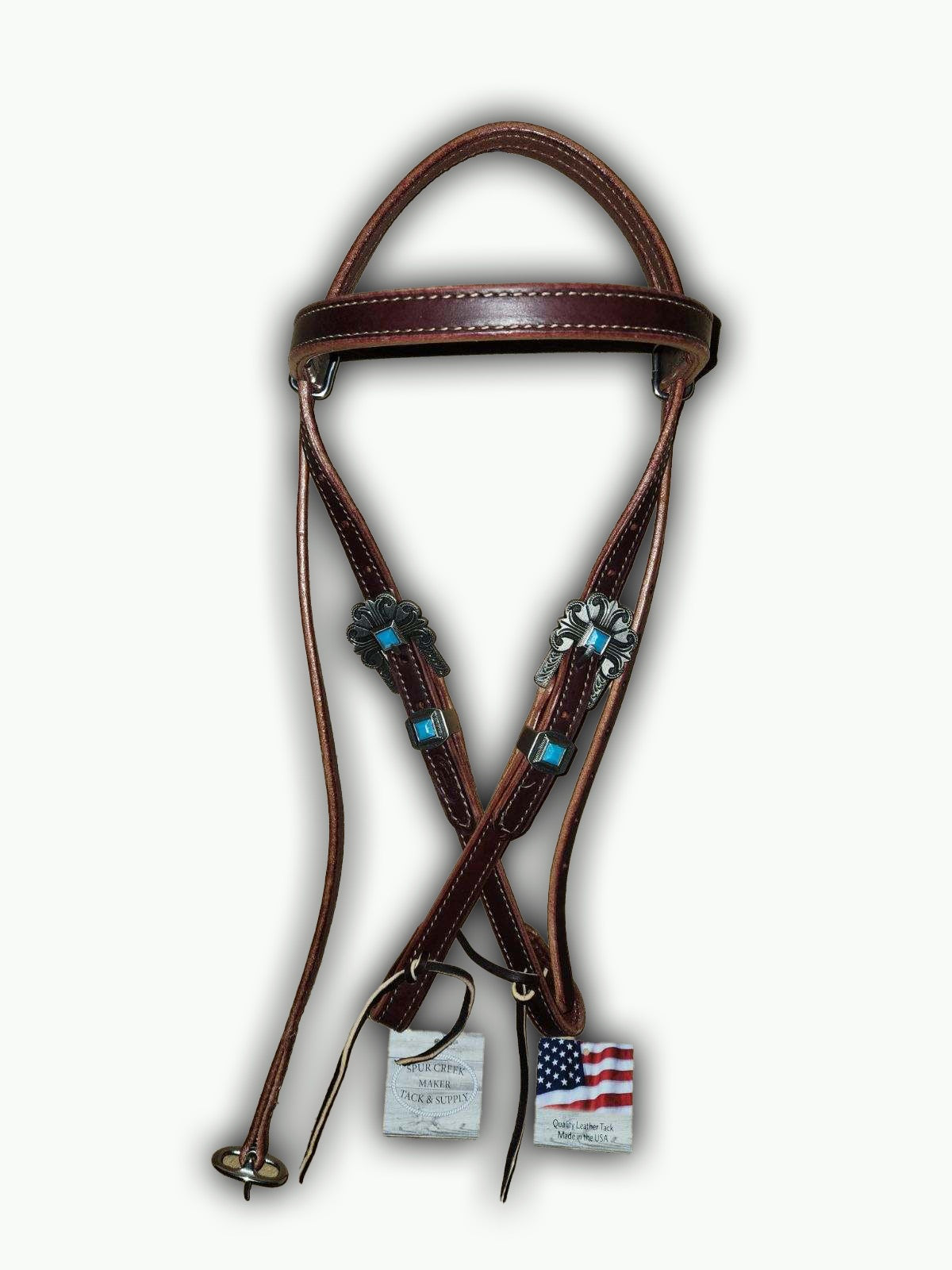 BB004-1_Brow Band Headstall Chestnut Leather Durango Pewter Color Buckle with Keeper and Turquoise Accent Stones