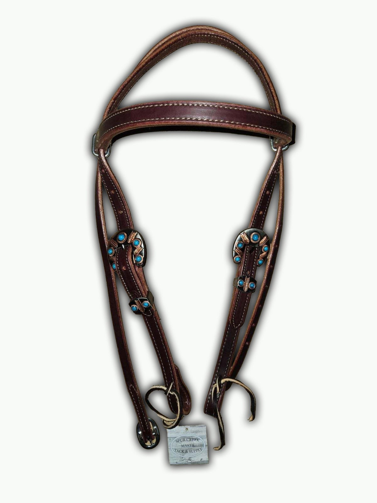 BB009-1 _Brow Band Headstall Chestnut Leather Headdress Pewter Color Buckle with Keeper with Copper Color and Turquoise Stone Accents